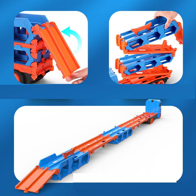 Ô tô đồ chơi xe tải 3 tầng kèm xe đua nhỏ mô hình đường đua xe dài 2m có thể gấp gọn cho bé, quà tặng sinh nhật