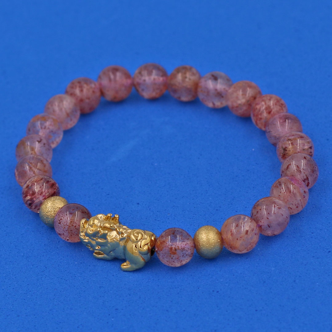 Vòng tay Thạch Anh Dâu Tây 6 ly cẩn Tỳ Hưu inox vàng VTADTTHHBV6 - hợp mệnh Hỏa, mệnh Thổ