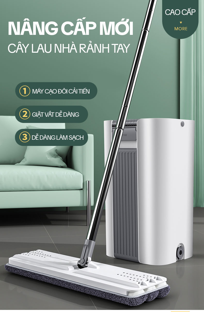 Bộ Cây Lau Nhà KITIMOP C6 PLUS-PRO, Thùng Lau Nhà Tự Vắt Thông Minh, Chổi Lau Nhà Xoay 360 Độ, Lau Sàn Làm Sạch