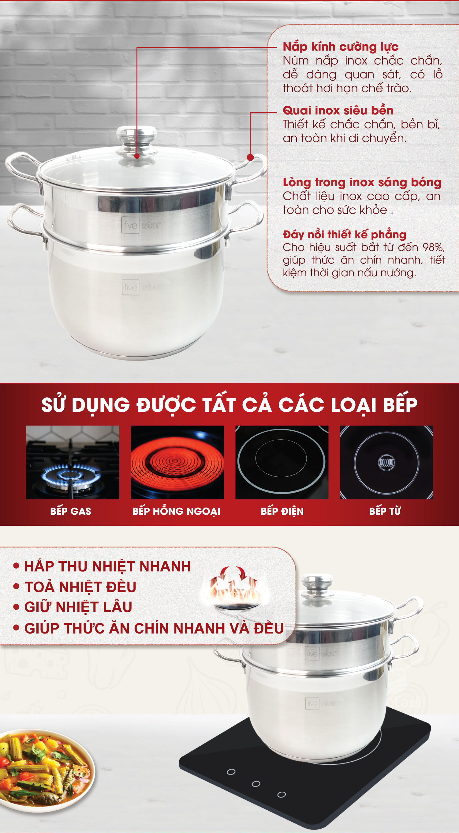 Xửng hấp inox Fivestar 3 đáy từ nắp kính tặng 5 muỗng ăn