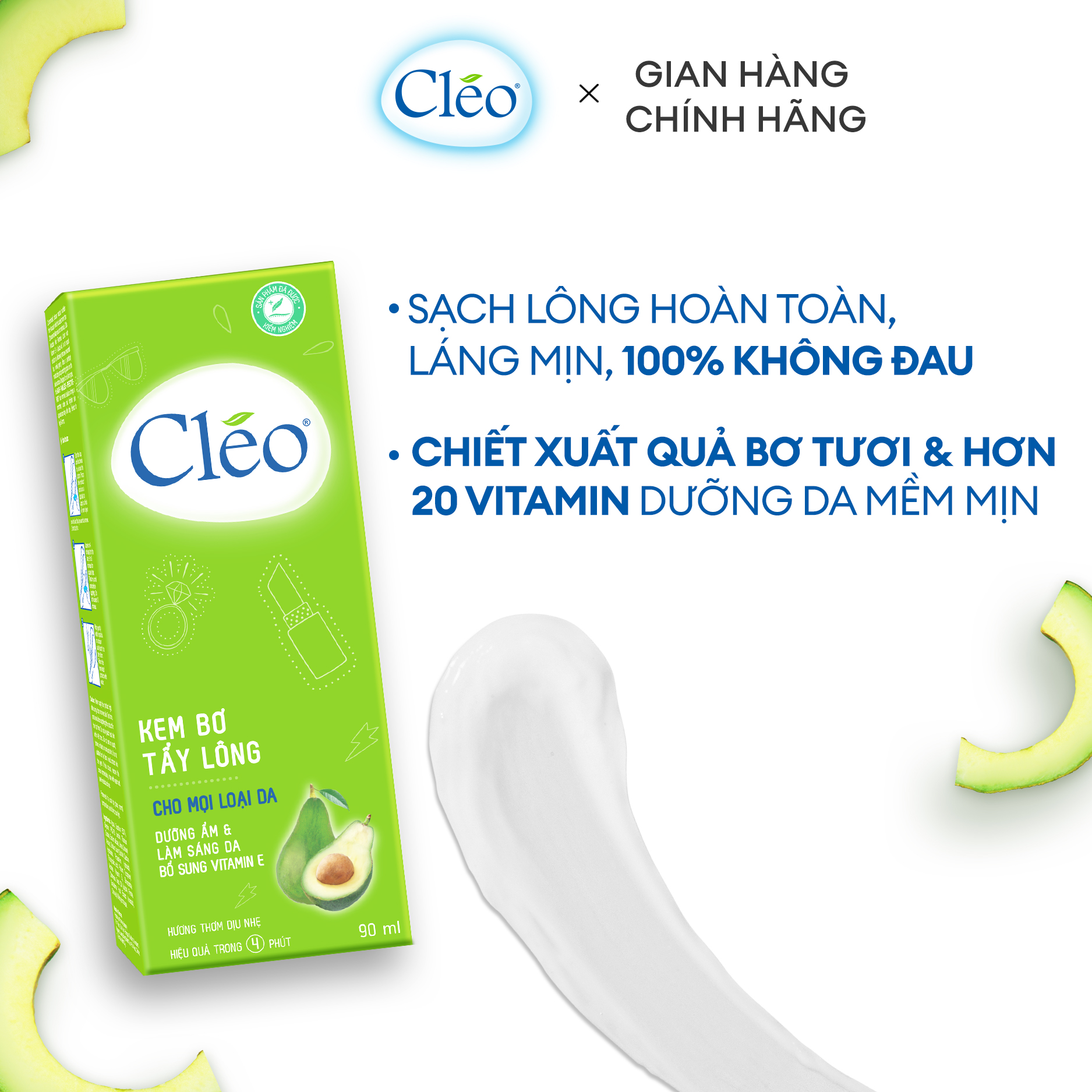 Kem tẩy lông Chiết Xuất Bơ Cleo dạng sữa dành cho vùng tay chân dành cho mọi loại da 90ml, an toàn, không đau và đạt hiệu quả nhanh chóng