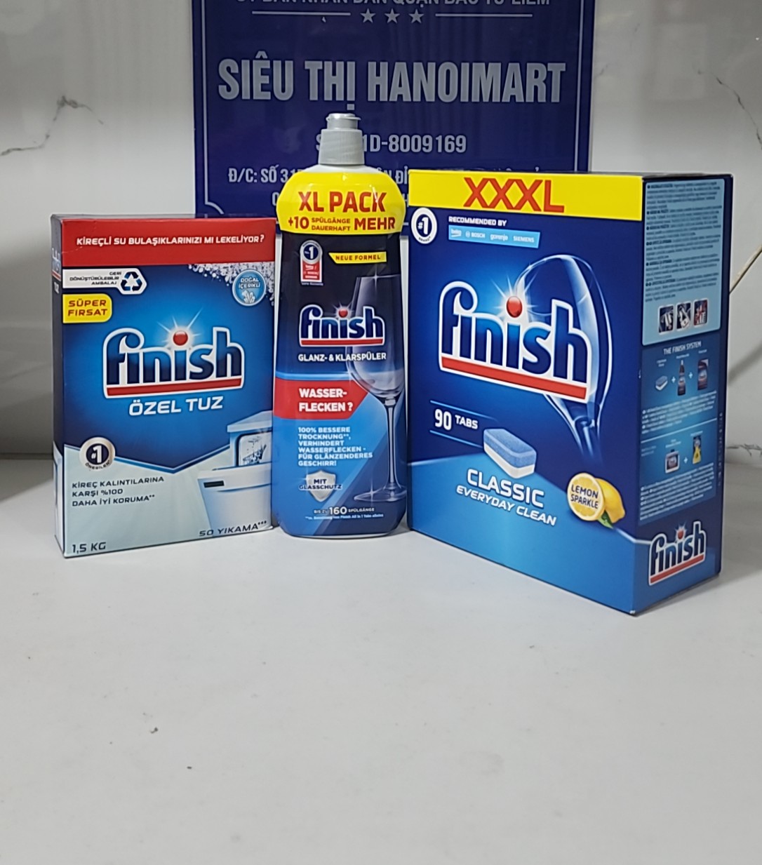 Combo viên rửa bát finish 90 viên + nước làm bóng finish 750ml + muối rửa chén finish 1,5kg