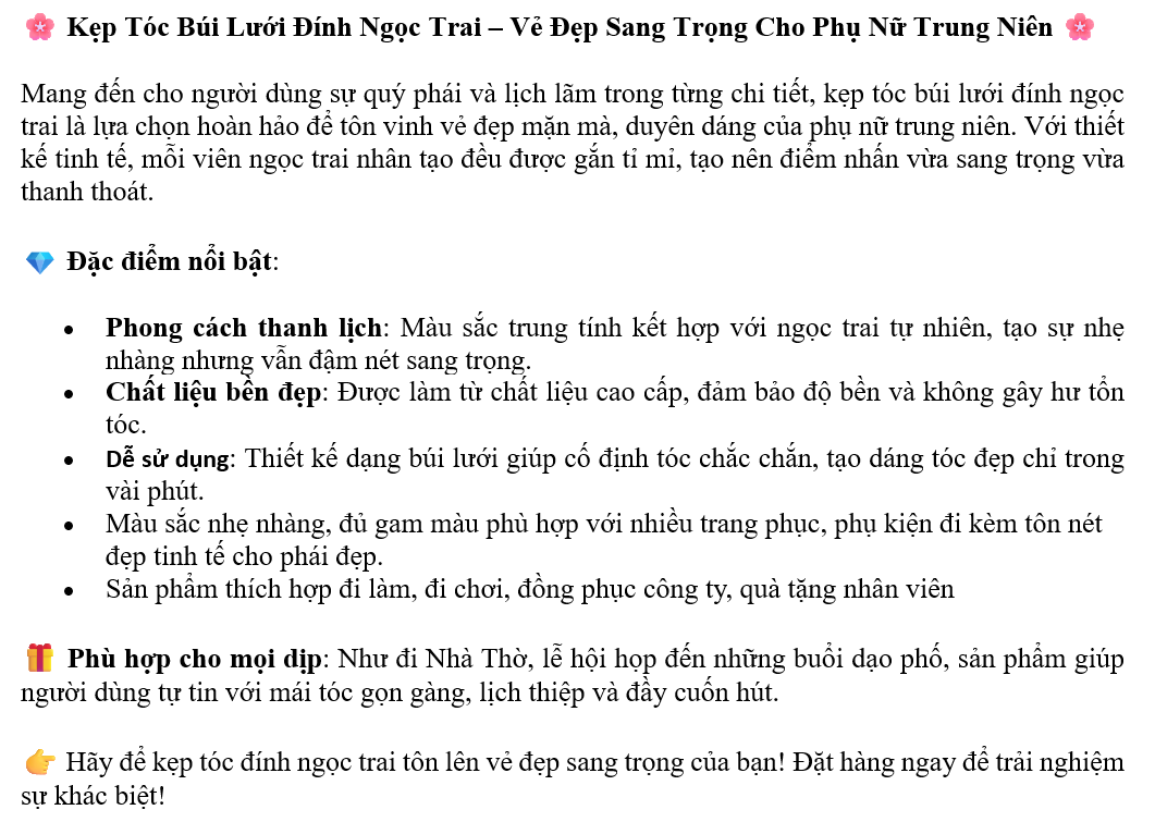 KẸP TÓC BÚI LƯỚI CÔNG SỞ MẪU NGỌC TRAI MẪU MỚI