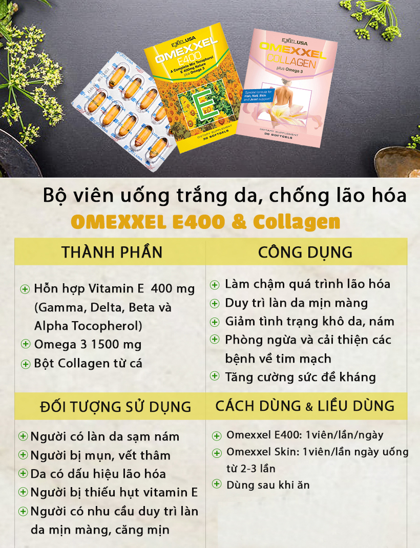 Bộ thực phẩm chức năng viên uống trắng da, chống lão hóa Omexxel E400 & Collagen 60 viên