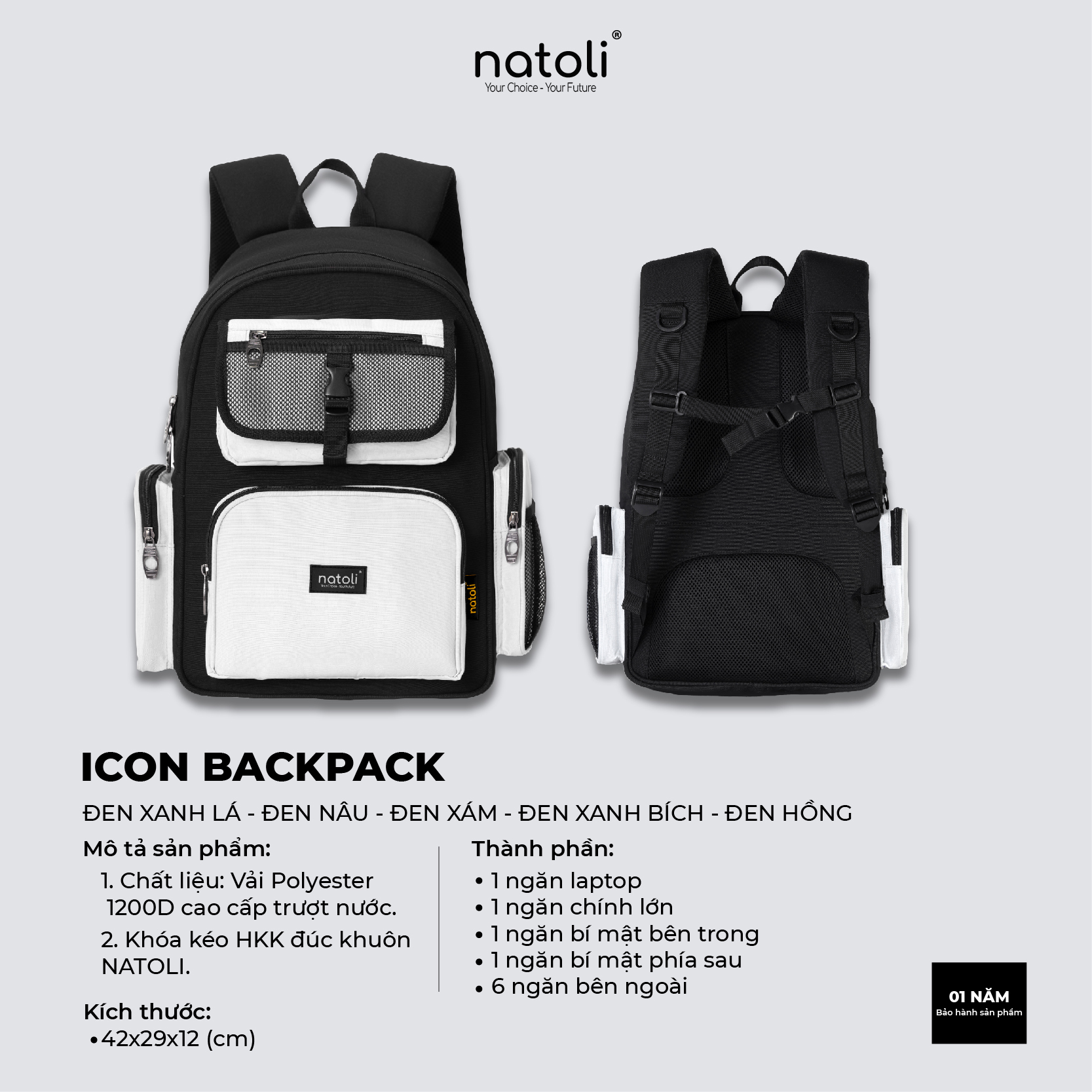 Balo unisex ICON BACKPACK chính hãng NATOLI chất vải canvas fashion kháng nước dày dặn chống sốc
