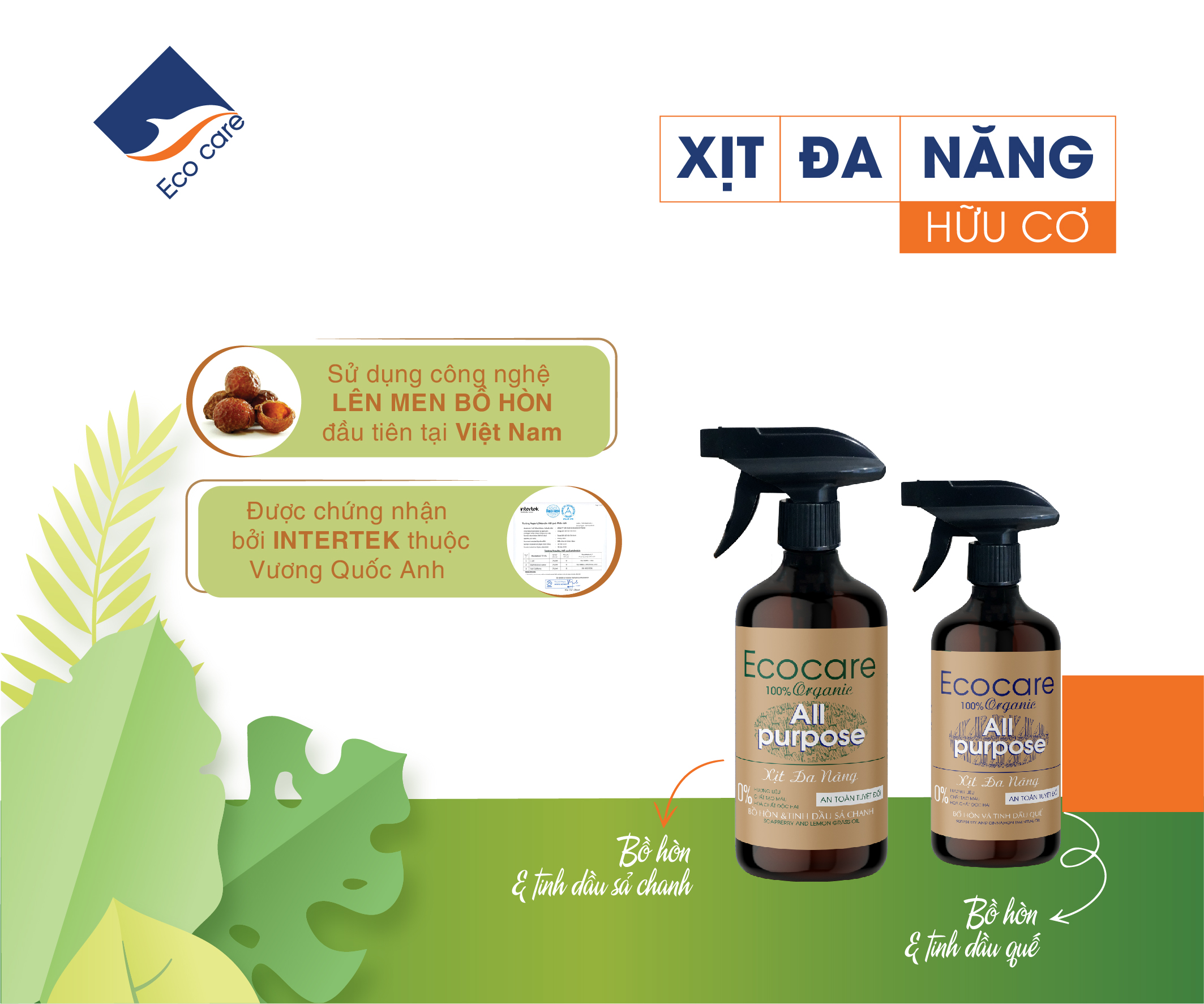 Xịt lau bàn ăn hữu cơ Bồ hòn tinh dầu Sả Chanh dung tích 500ml thương hiệu Ecocare