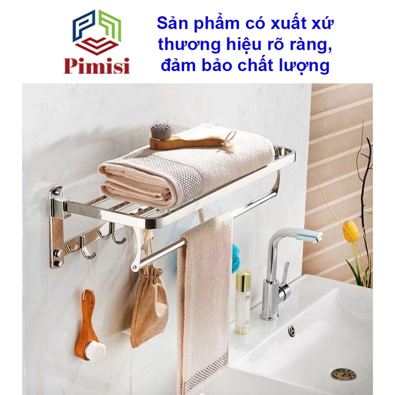 Giá Treo Khăn Tắm Inox 304 Pimisi Có Móc Áo Quần, Với Vắt Khăn Giàn Gấp Gọn Đa Năng Và Thanh Đơn Treo Khăn Mặt Kèm Đinh Ốc Vít Nở Gắn Tường Bằng Khoan Trong Nhà Vệ Sinh | Hàng Chính Hãng