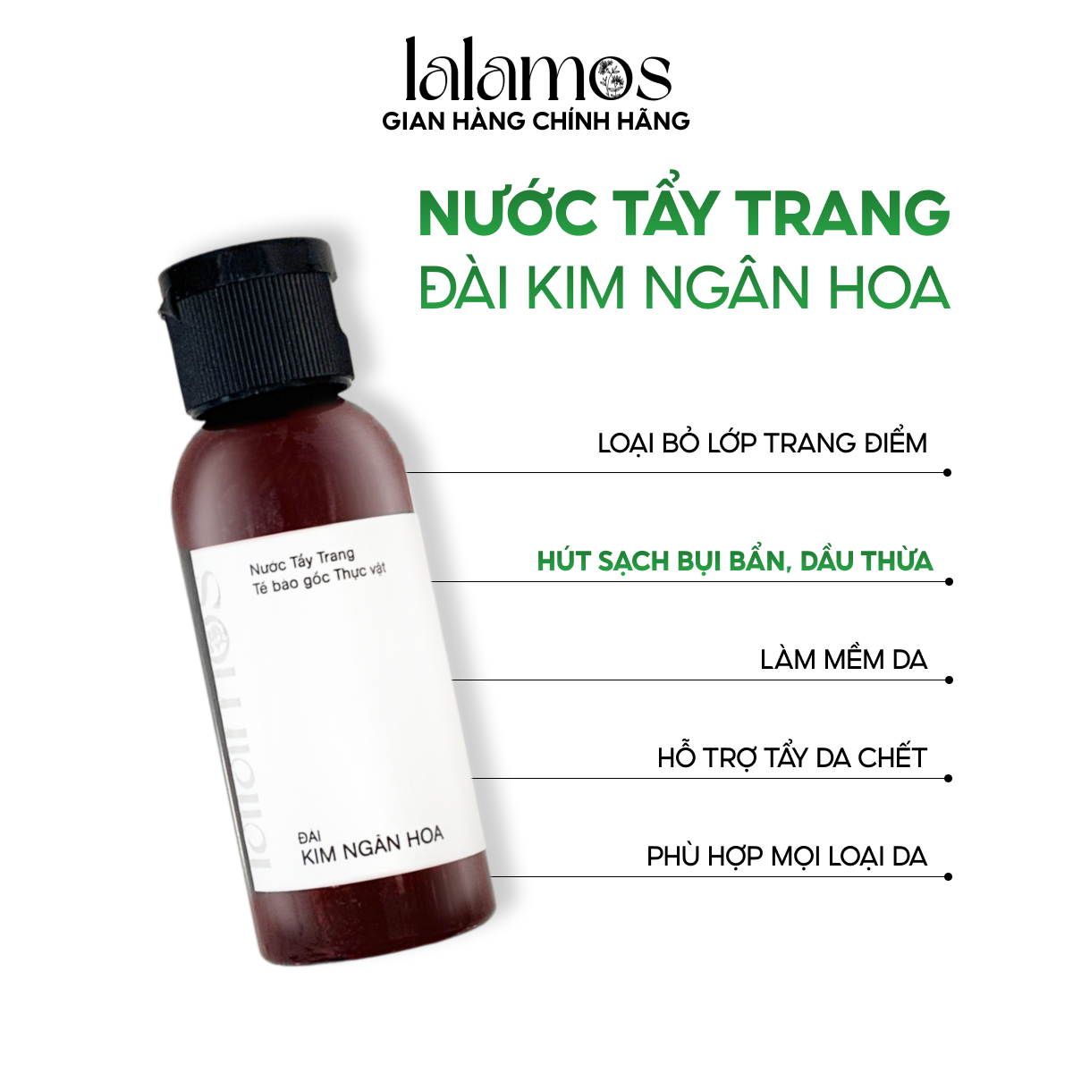 Nước tẩy trang Lalamos Đài Kim Ngân Hoa Sạch sâu mini size 50ml: nước tẩy trang với thành phần chiết xuất hoa kim ngân hoa tự nhiên, nhẹ nhàng loại bỏ lớp makeup, bụi bẩn, dầu thừa, giúp da thông thoáng, mềm mịn. Phù hợp với mọi loại da, kể cả da nhạy cảm. #nuoctaytrang #lalamos #kimnganhoa