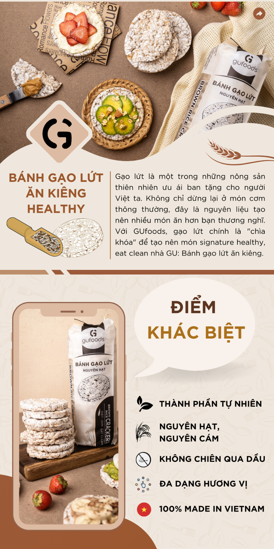 Bánh gạo lứt GUfoods (300g) - Không chiên dầu, Không đường, Từ gạo và ngũ cốc nguyên hạt, Lành mạnh, Phù hợp Eat clean, Ăn vặt healthy, Thực dưỡng, Tập gym, Thuần chay, Đa dạng hương vị