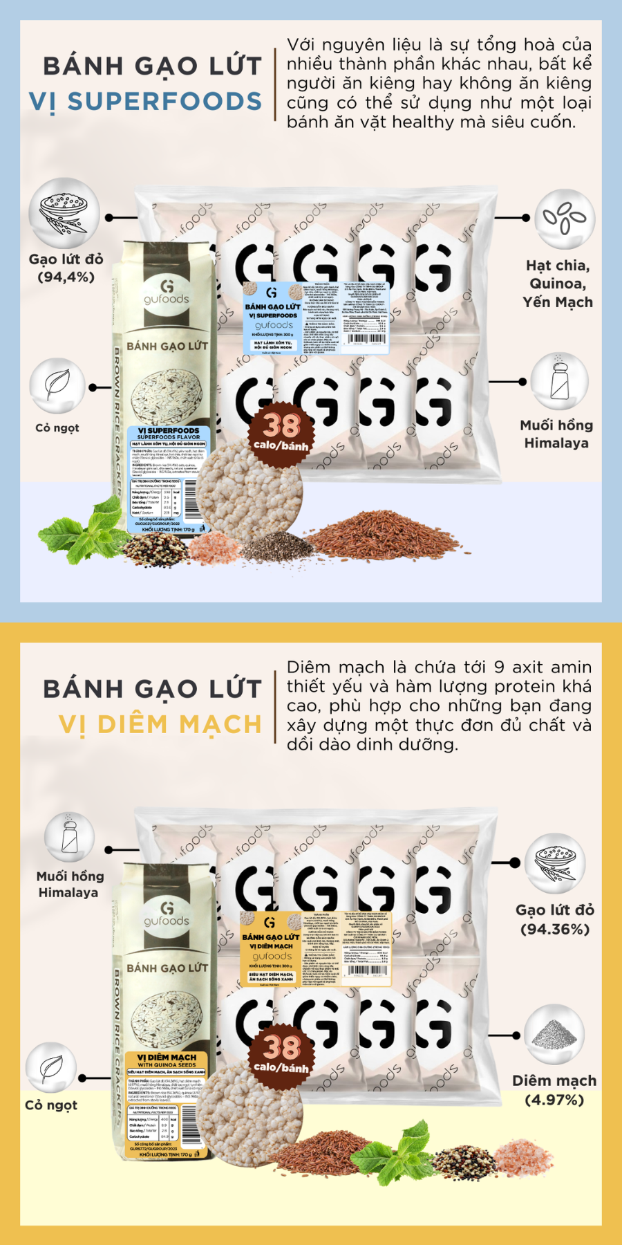 Bánh gạo lứt GUfoods (300g) - Không chiên dầu, Không đường, Từ gạo và ngũ cốc nguyên hạt, Lành mạnh, Phù hợp Eat clean, Ăn vặt healthy, Thực dưỡng, Tập gym, Thuần chay, Đa dạng hương vị