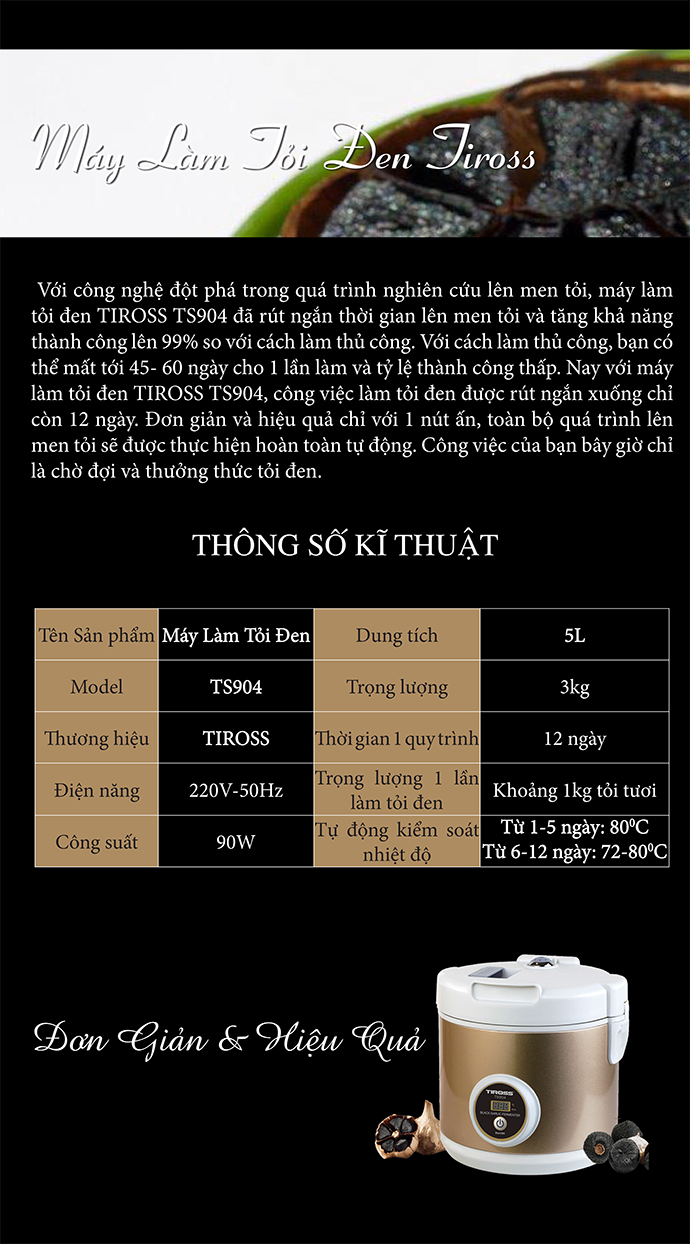 Máy Làm Tỏi Đen TIROSS TS904 - Hàng chính hãng