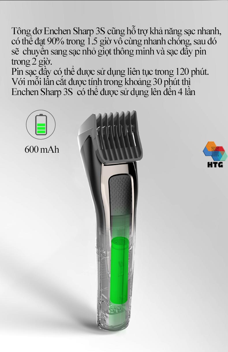 Tông đơ cắt tóc Enchen Sharp3S không dây, hỗ trợ vừa sạc - vừa cắt, lưỡi dao sắc bén tự mài, độ ồn thấp, 7300r/m, hàng chính hãng