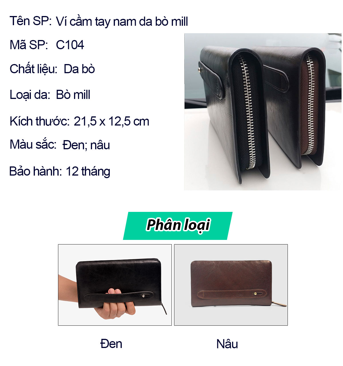 Ví dài cầm tay da bò Mill cao cấp Bụi Leather C104 - Bảo hành 12 tháng