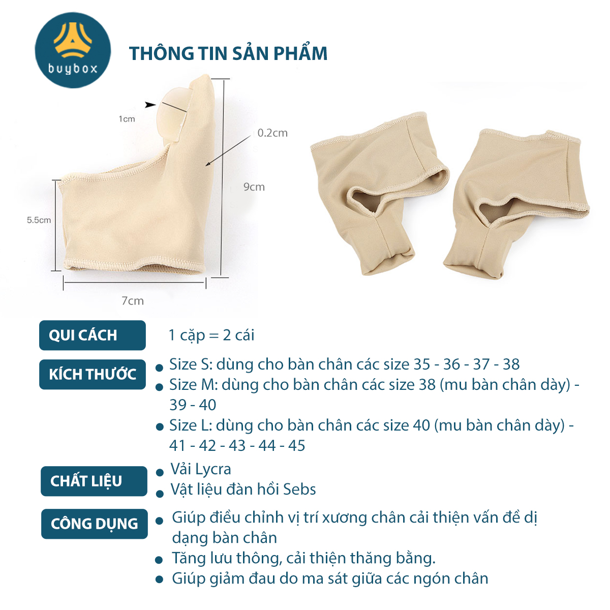 Vớ cotton pha vật liệu đàn hồi SEBS bảo vệ và chỉnh hình tách ngón chân cái bị vẹo Hallux Valgus - Buybox - BBPK278