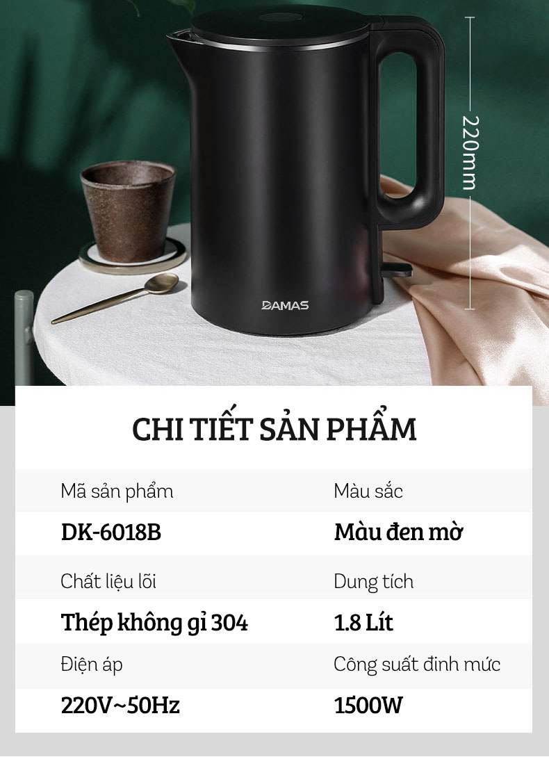 Ấm Siêu Tốc Inox 2 Lớp DAMAS DK-6018B (1.8L) - Hàng Chính Hãng