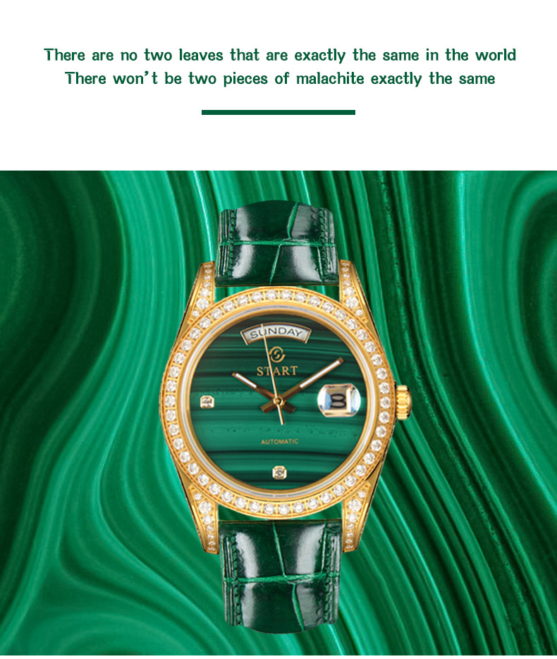 【START】Đồng hồ nam đá khổng tước tự nhiên（Malachite）đồng hồ kim cương chức năng hiển thị thứ ngày  đồng hồ cơ tự động dây da cá sấu Khóa bướm