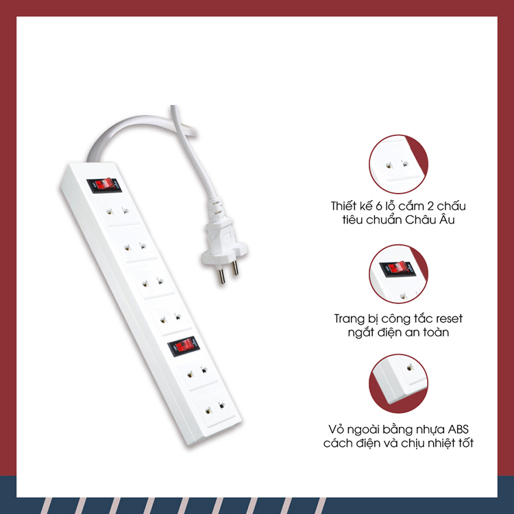 Ổ Cắm 6 Lỗ 2 Chấu Dây 2 Mét Điện Quang ĐQ 001A-01-2M