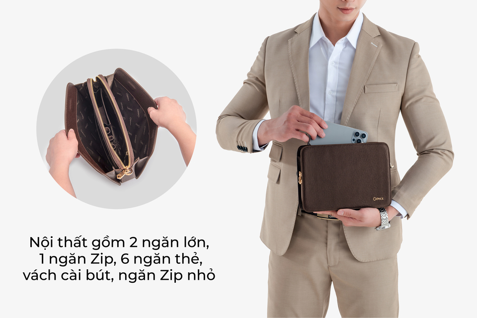 Ví Cầm Tay Clutch Da Nam Hàng Hiệu GENCE CK15 Da Bò Khóa Số Cao Cấp Màu Nâu