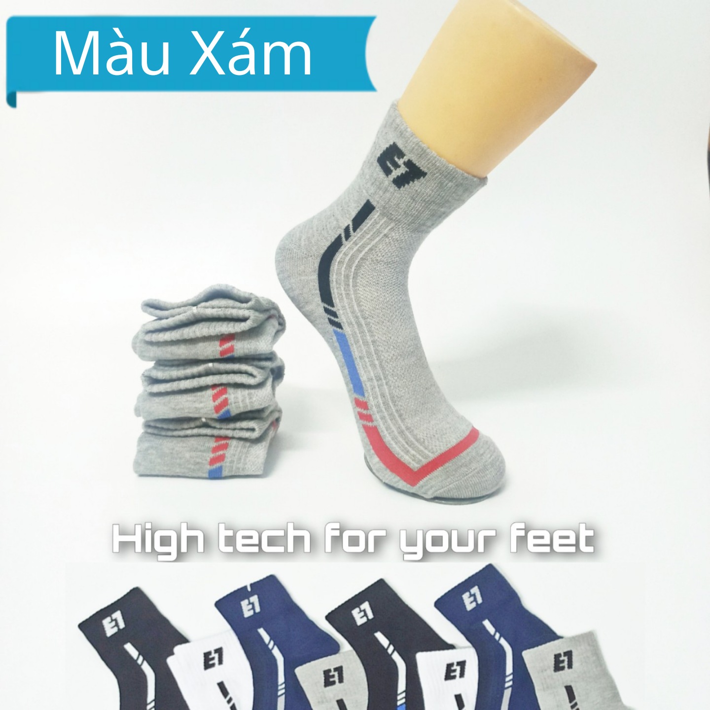 Vớ Tất Thể Thao Cổ Trung Cotton Cao Cấp AS-S201. Dày dặn, mềm mại, kháng khuẩn khử mùi, không hôi chân.  4 màu: Trắng, Đen, Xanh, Xám