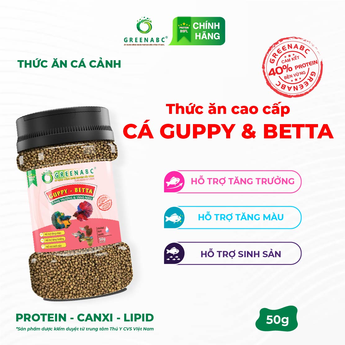 Thức ăn Cá 7 Màu GREENABC - Guppy & Betta – Protein 40% tăng trưởng nhanh, lên màu đẹp– Hộp 50g