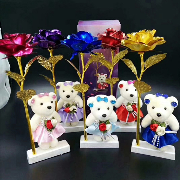 Hoa Hồng Mạ Vàng 24k Kèm Gấu Bông (Bông Màu Vàng)