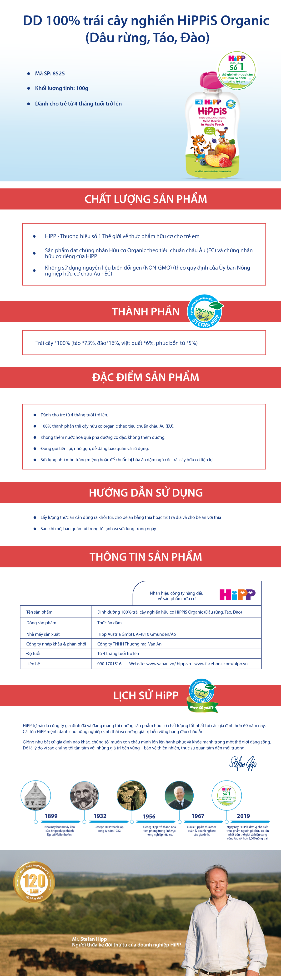 Trái Cây Nghiền Hữu Cơ HiPPiS Organic Dâu rừng, Táo, Đào - 8525 (100g)