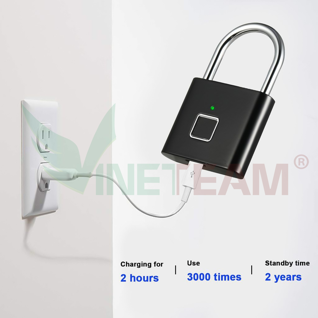 Ổ Khoá Vân Tay Thông Minh Vinetteam Kết Nối Bluetooth Mở Khoá Qua APP TUYA Giúp Bảo Vệ Nhà Cửa, Khoá Tủ An Toàn Tặng Kèm Cáp Sạc - Hàng Chính Hãng