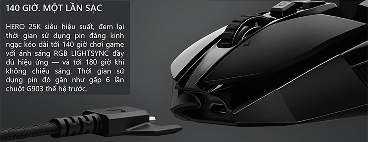 Chuột game không dây Lightspeed RGB Logitech G903 - Cảm biến Hero 25k, pin sạc 140h+, thiết kế thuận cả 2 tay, pin 180h, PC/Mac - Hàng chính hãng
