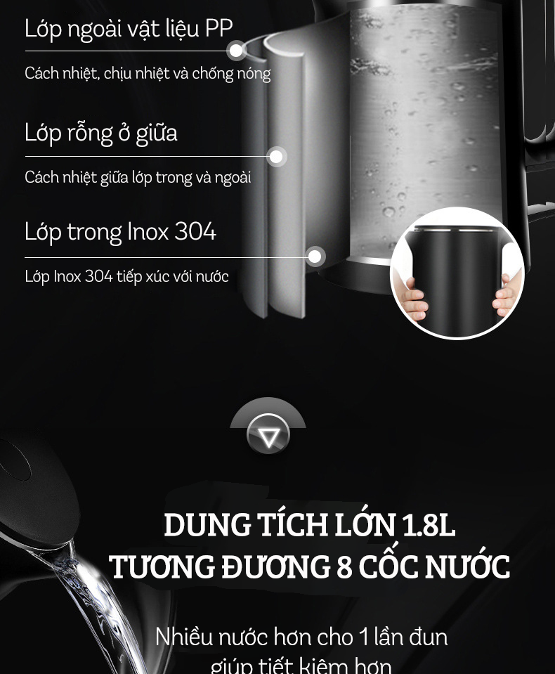 Ấm Siêu Tốc Inox 2 Lớp DAMAS DK-6018B (1.8L) - Hàng Chính Hãng