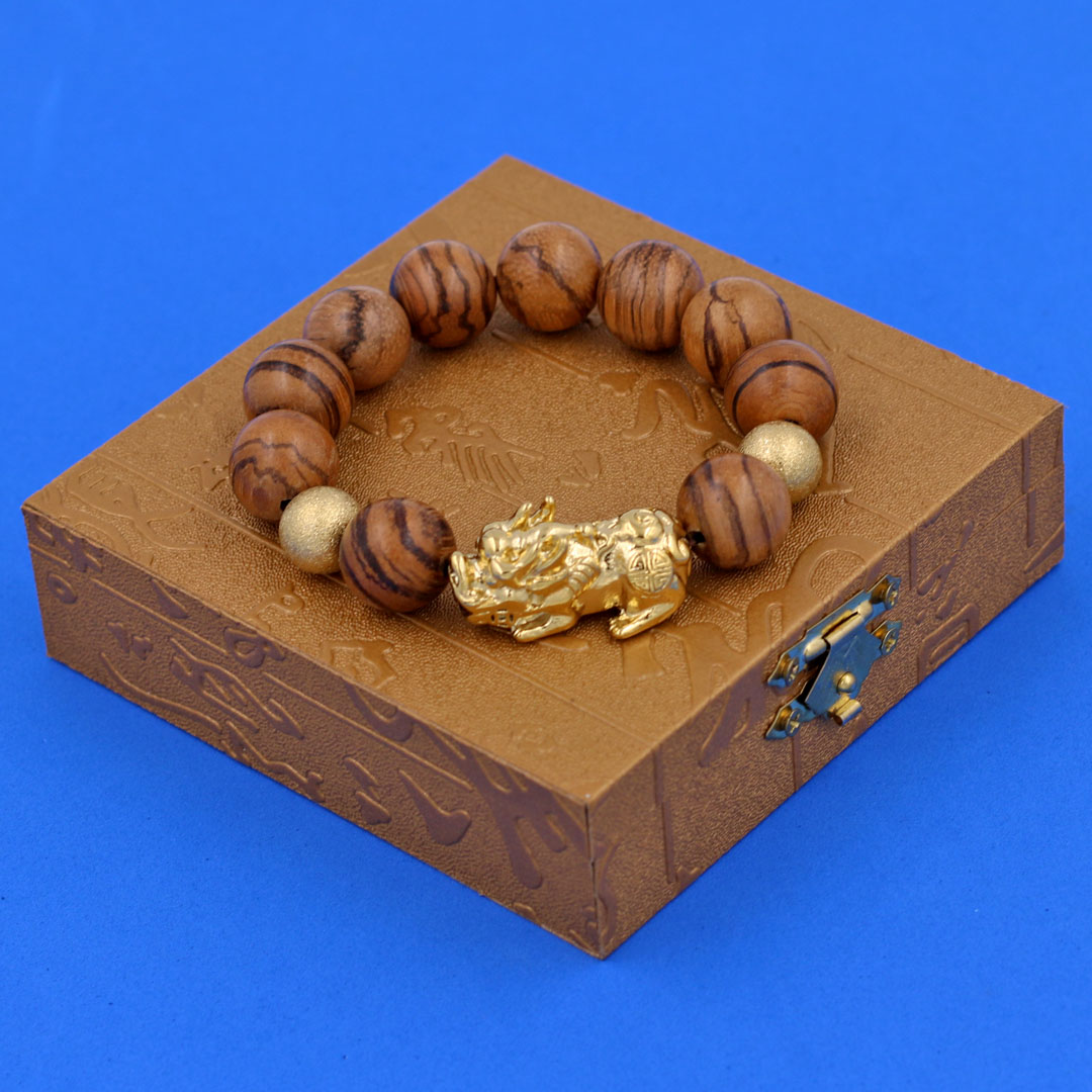 Chuỗi tay Gỗ Huỳnh Đàn 15 ly - Vòng tay Tỳ Hưu inox vàng VGHUDTHHBV15 - Vòng đeo tay size lớn, phù hợp cho nam