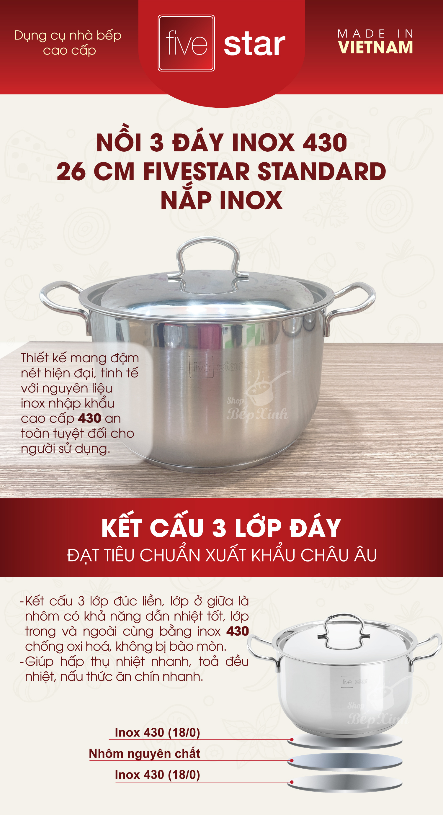 Nồi Inox 3 đáy inox 430  Fivestar bếp từ nắp inox tặng 2 vá canh