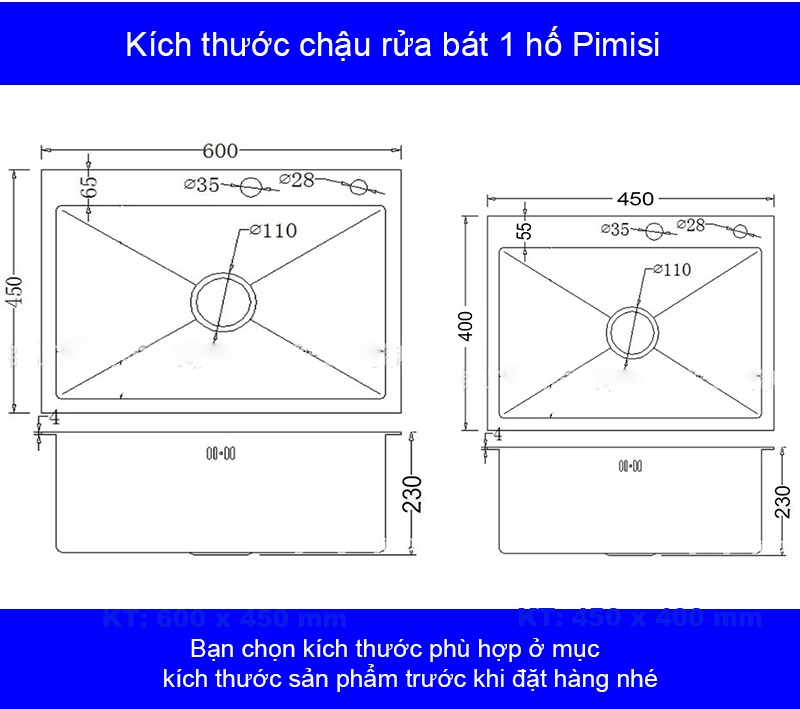 Kích thước chậu rửa bát inox 304 đơn 1 hố Pimisi