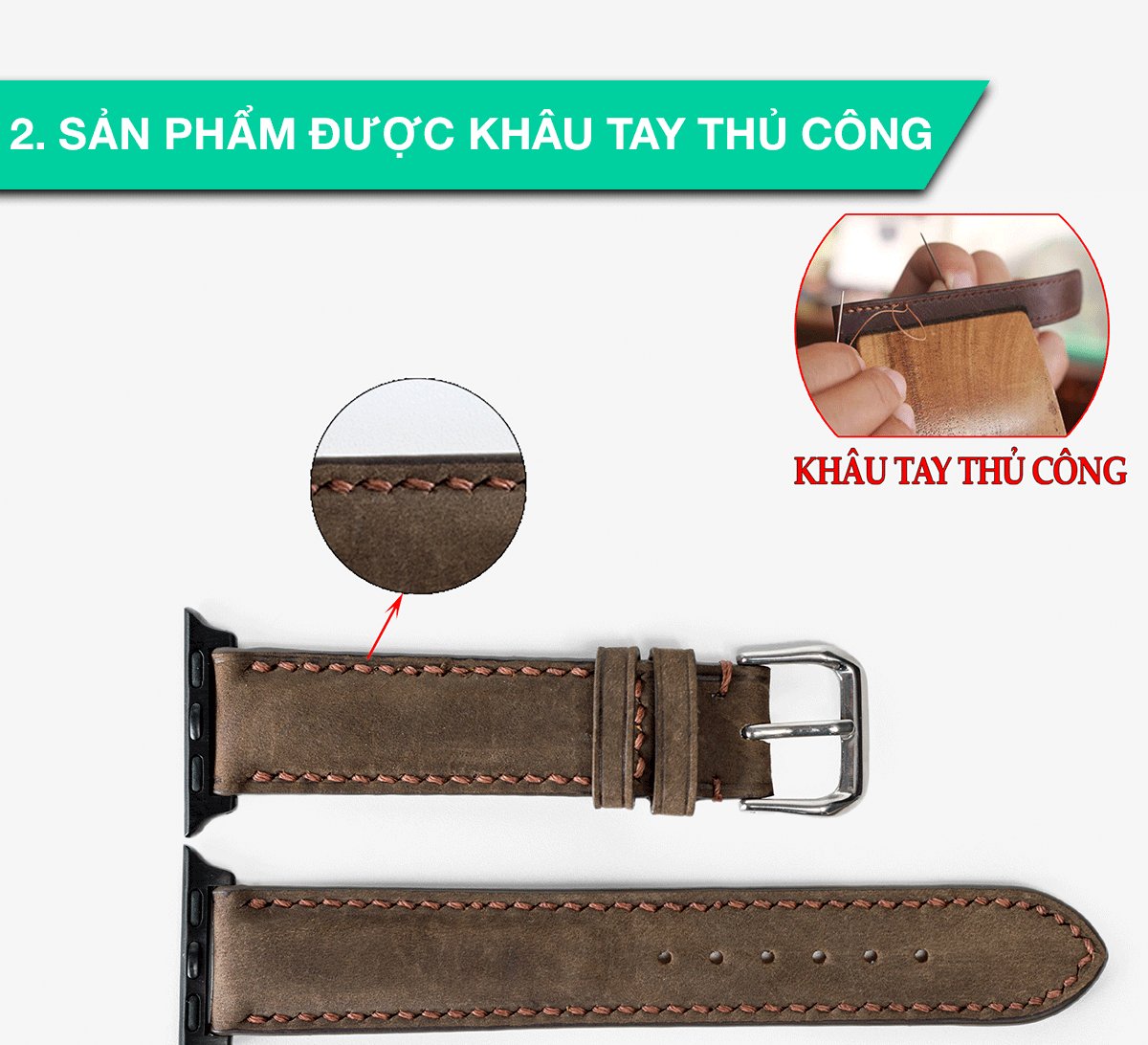 Dây đồng hồ dành cho AW da bò Vintage D116 - Hàng khâu tay thủ công cao cấp