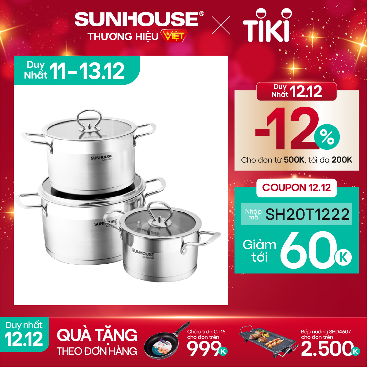 Bộ Nồi Inox Sunhouse Mama cao cấp 5 đáy SH784 16cm, 20cm, 24cm - Dùng cho mọi loại bếp - Hàng chính hãng