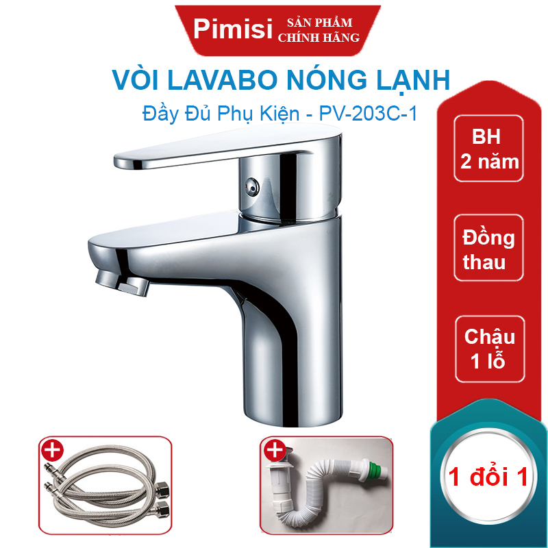 Vòi Lavabo Nóng Lạnh Pimisi PV-203C-1 Đồng Thau Mạ Xi Sáng Bóng, Dùng Cho Chậu Rửa Mặt 1 Lỗ Ở Phòng Tắm - Điều Chỉnh Nước Bằng Gật Gù Gắn Trên Bồn Chậu Rửa Treo Tường Hay Chậu Mặt Bàn Đá, Với Đầy Đủ Phụ Kiện Xi Phông Và Dây Cấp Nước | Hàng Chính Hãng
