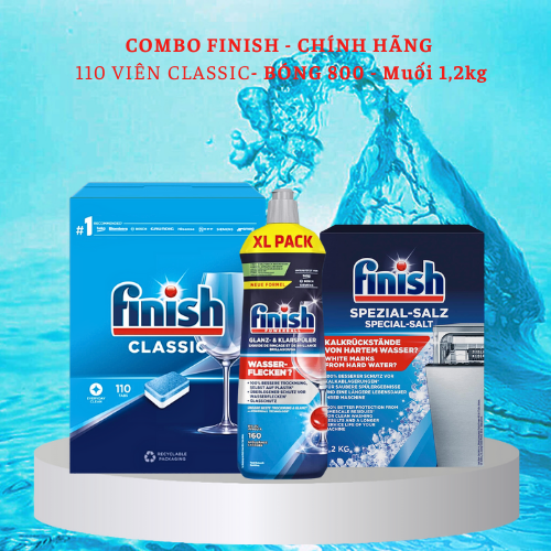 combo viên rửa bát finish 110 viên+nước làm bóng finish 800ml+muối rửa bát finish 1,5kg dùng cho máy rửa bát