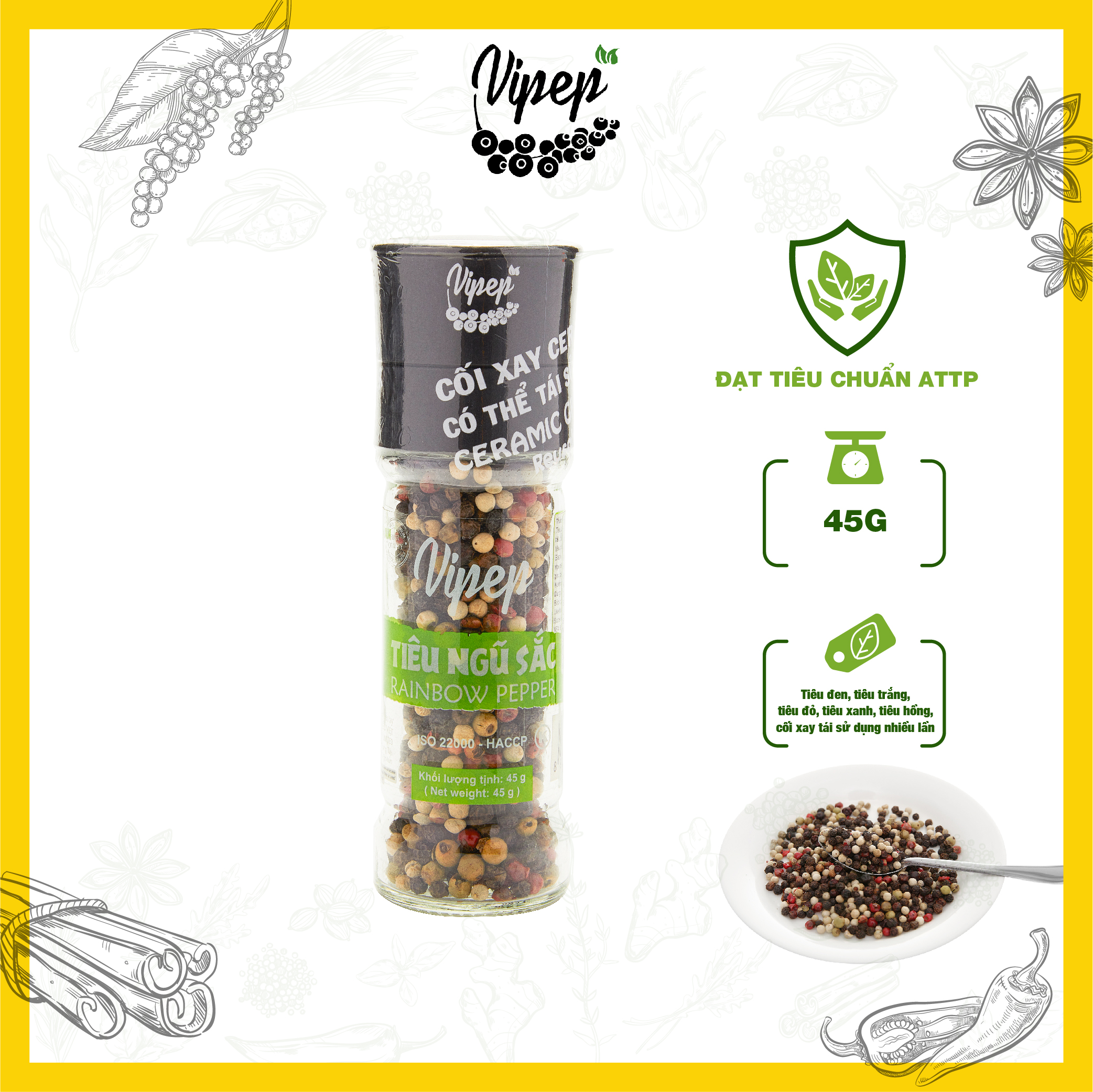 Tiêu Ngũ Sắc Hạt Tự Nhiên Cối Xay Vipep Hũ Thủy Tinh 45g