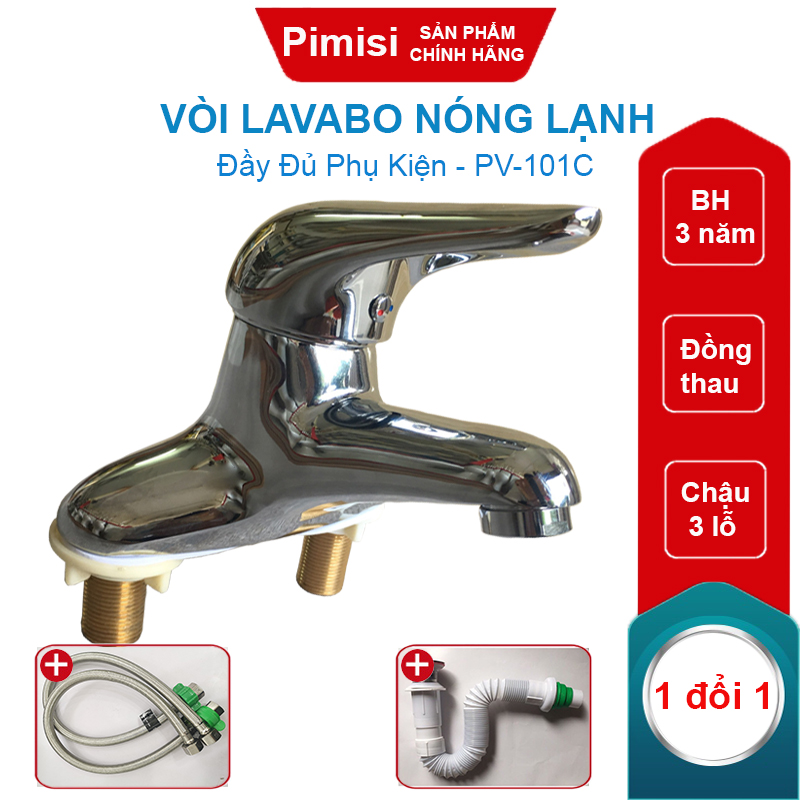 Vòi lavabo nóng lạnh Pimisi cho chậu rửa mặt 3 lỗ (2 chân) bằng đồng thau - mạ crom, niken sáng bóng dùng trong nhà tắm - điều chỉnh nước bằng gật gù nóng lạnh gắn trên bồn chậu rửa mặt treo tường đầy đủ phụ kiện xi phông và dây cấp nước | Hàng chính hãng