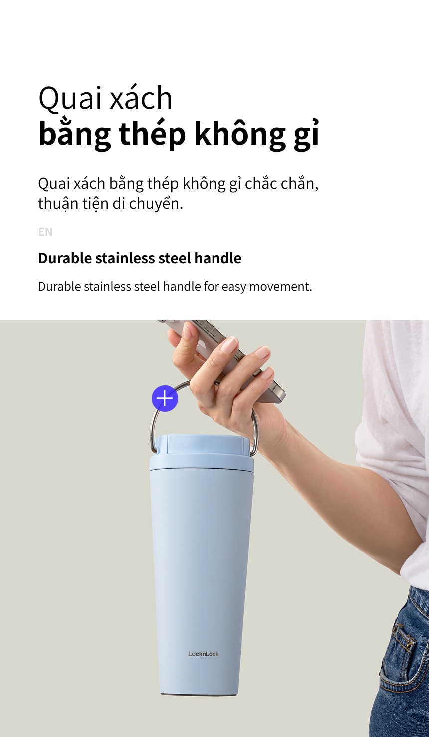 Ly Giữ Nhiệt LocknLock Bucket One Touch LHC3345 550ml, Hàng Chính Hãng, Quai Xách Tiện Lợi - JoyMall