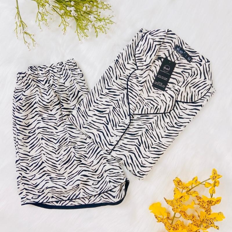Đồ bộ mặc nhà nữ Pijama lụa VILADY - B136 kiểu đồ bộ ngắn họa tiết vằn đen siêu dễ thương, chất liệu lụa Pháp ( lụa latin)