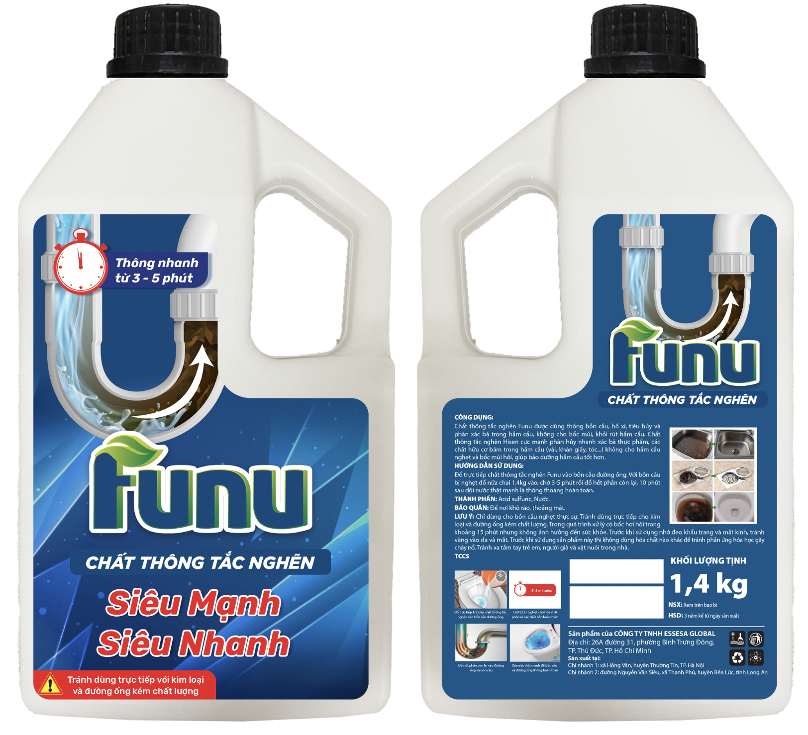 Thông cống Funu, thông tắc bồn cầu lavabo xử lý tắc nghẽn ống thoát nước khử mùi hôi - Hàng chính hãng