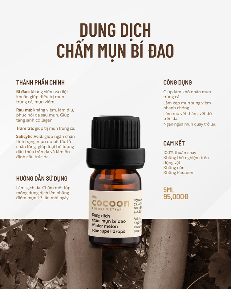 Combo chăm sóc da mụn chuyên sâu Cocoon : Gel bí đao rửa mặt Cocoon 140ml + Nước bí đao cân bằng da Cocoon 140ml +Tinh chất bí đao Cocoon 70ml + Dung dịch chấm mụn bí đao Cocoon 5ml + Mặt nạ bí đao 30ml