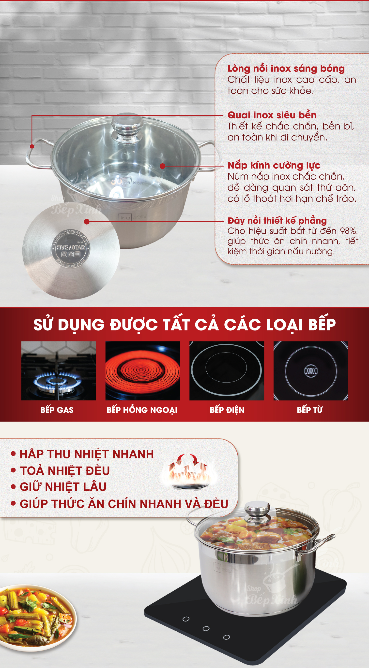 Nồi inox Fivestar 3 đáy từ nắp kính 26cm , tặng 2 muỗng canh