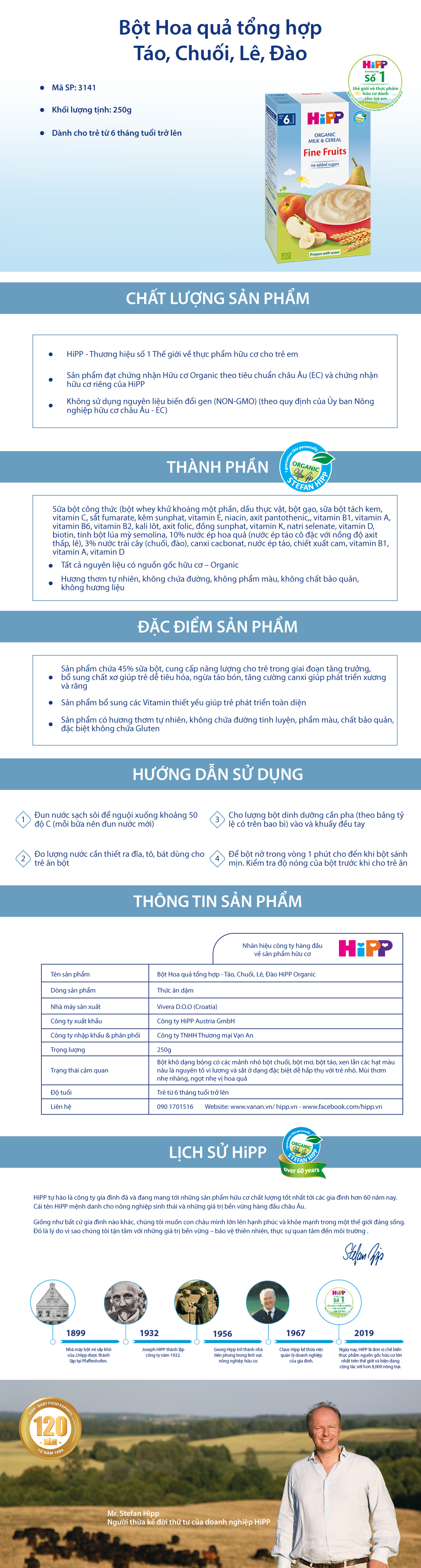 Bột Dinh Dưỡng Hoa Quả Tổng Hợp (Táo, Chuối, Lê, Mơ) HiPP 250g - 3141