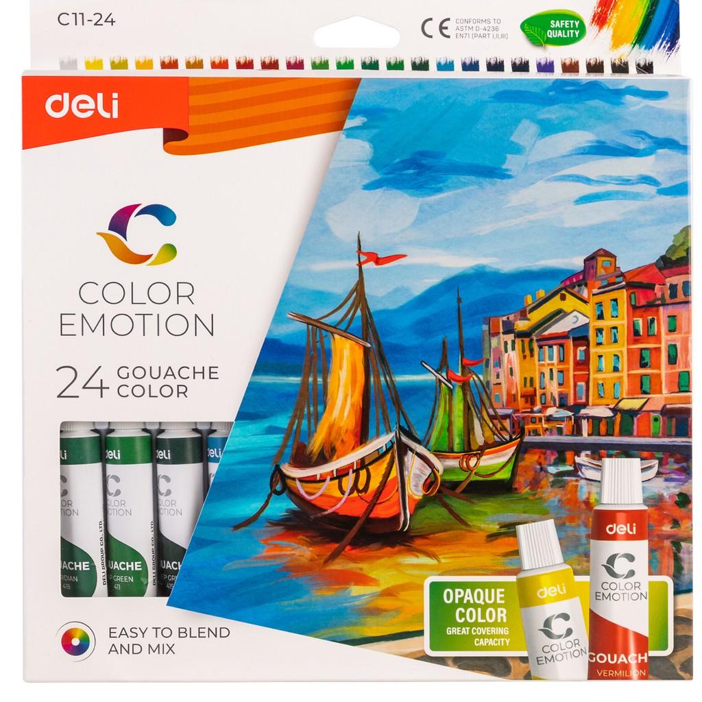 Màu nước Gouache dạng tuýp 12ml Deli 5/12/24 màu-Tặng kèm pallete gỗ 12 cọ