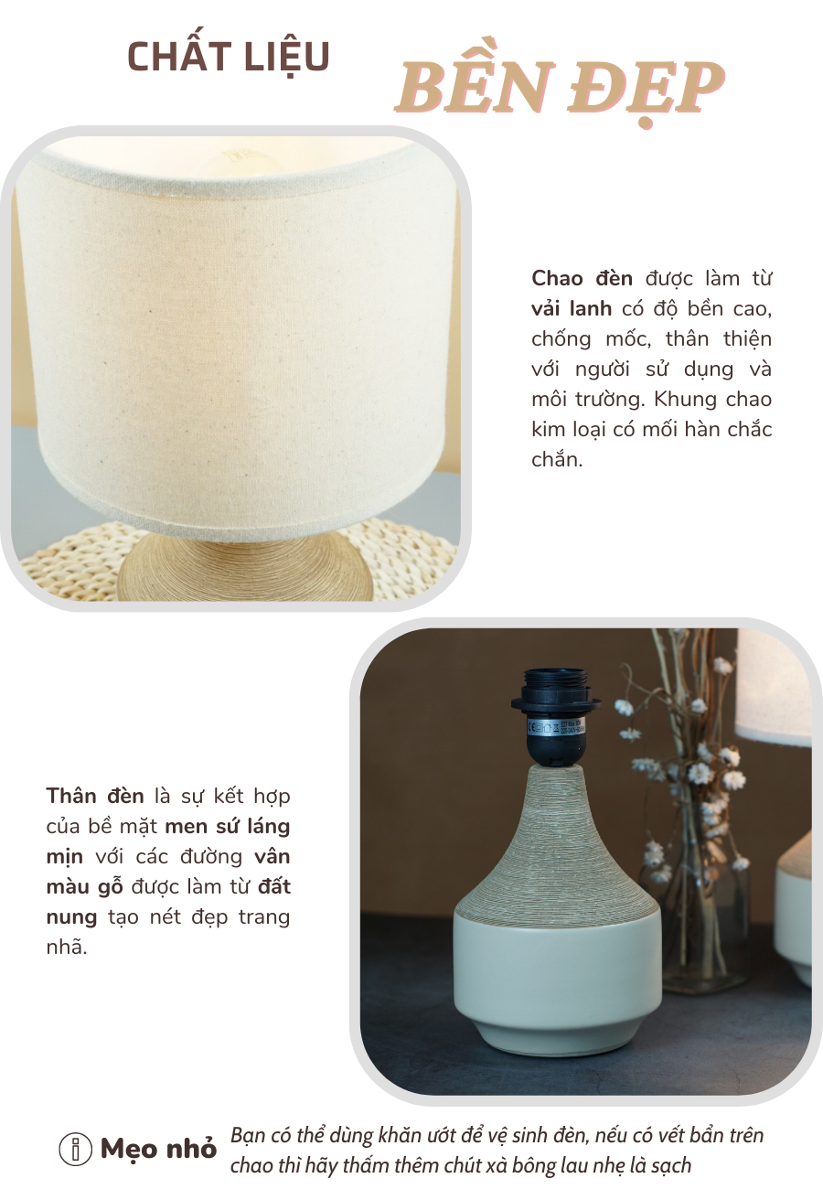 Đèn Ngủ Để Bàn Gốm Sứ Cao Cấp HUTA S14 Vân Màu Gỗ Độc Đáo Sang Trọng, Decor Trang Trí Phòng Ngủ, Khách Sạn, Đọc Sách Đầu Giường, Điều Chỉnh Độ Sáng, Ánh Sáng Vàng