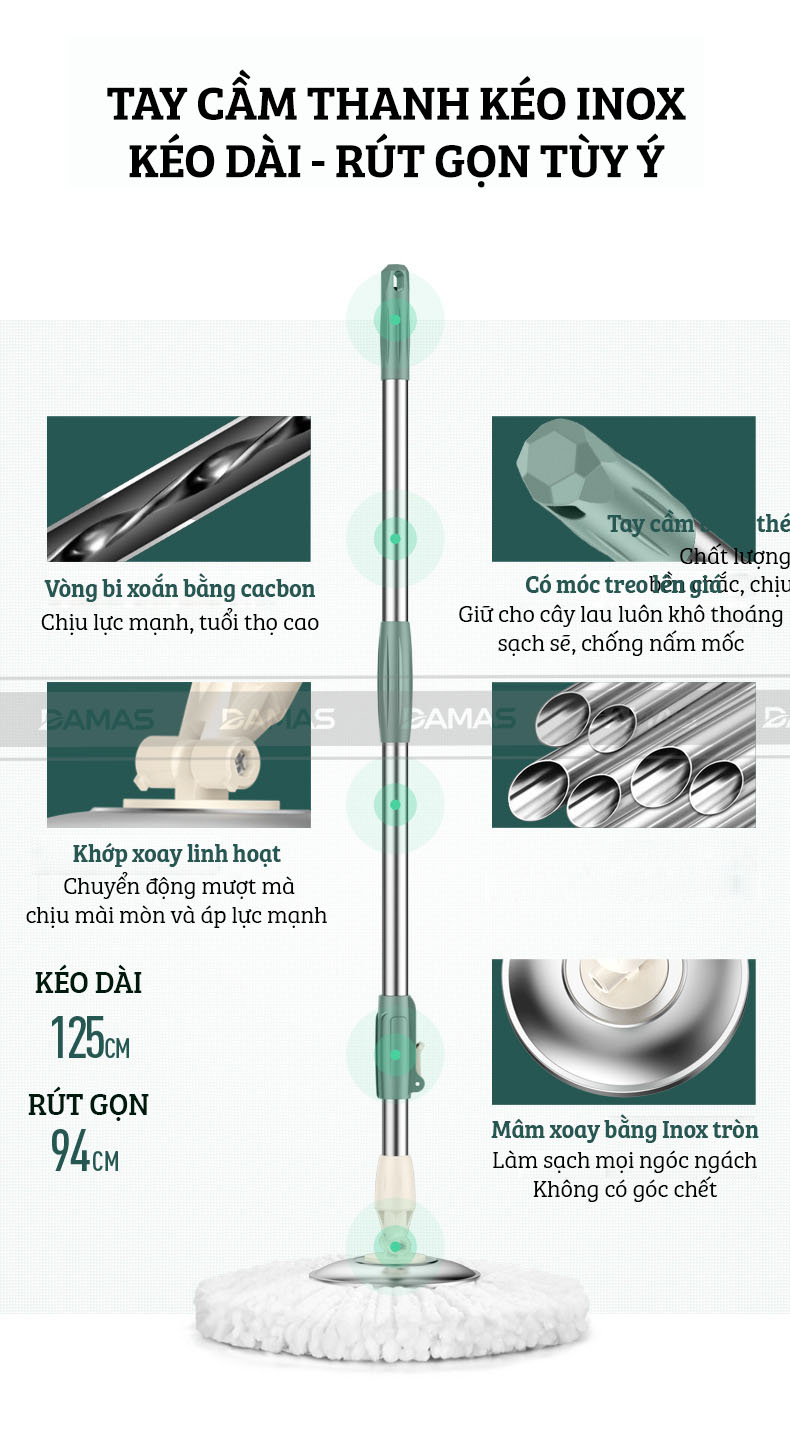 Bộ Cây Lau Nhà Tự Vắt Thông Minh Damas G720 - Chổi Lau Xoay 360 Độ, Giặt Sạch Vắt Khô Nhanh Chóng - Thiết Kế Nâng Cấp Bổ Sung Tay Kéo Giúp Di Chuyển Dễ Dàng - Chất Liệu Nhựa PP Cao Cấp Chống Mài Mòn Gia Tăng Thời Gian Sử Dụng - Hàng Chính Hãng