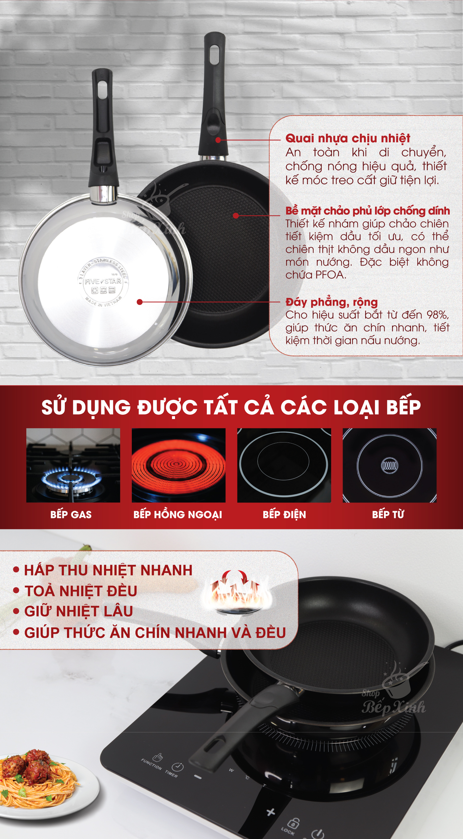 Chảo Chống Dính Bếp Từ 3 Đáy Fivestar 26 cm - Tặng 5 Muỗng Inox Cao Cấp