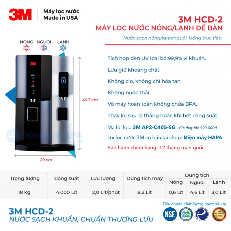 Thông số kỹ thuật Máy Lọc Nước 3M HCD-2 Nóng Lạnh Nguội Để Bàn, Nhập Khẩu Mỹ - Hàng Chính Hãng 3M