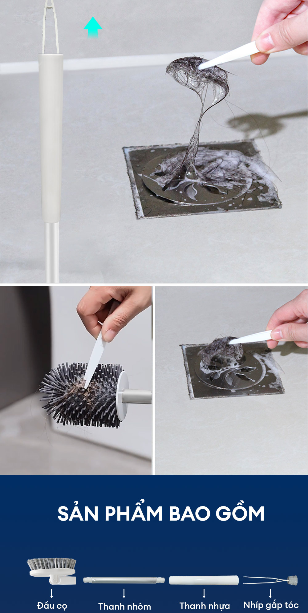 Cọ bồn cầu silicon, cọ toilet nhà vệ sinh 2 trong 1, có thể treo tường và cây gắp tóc Parroti Silicon SL02